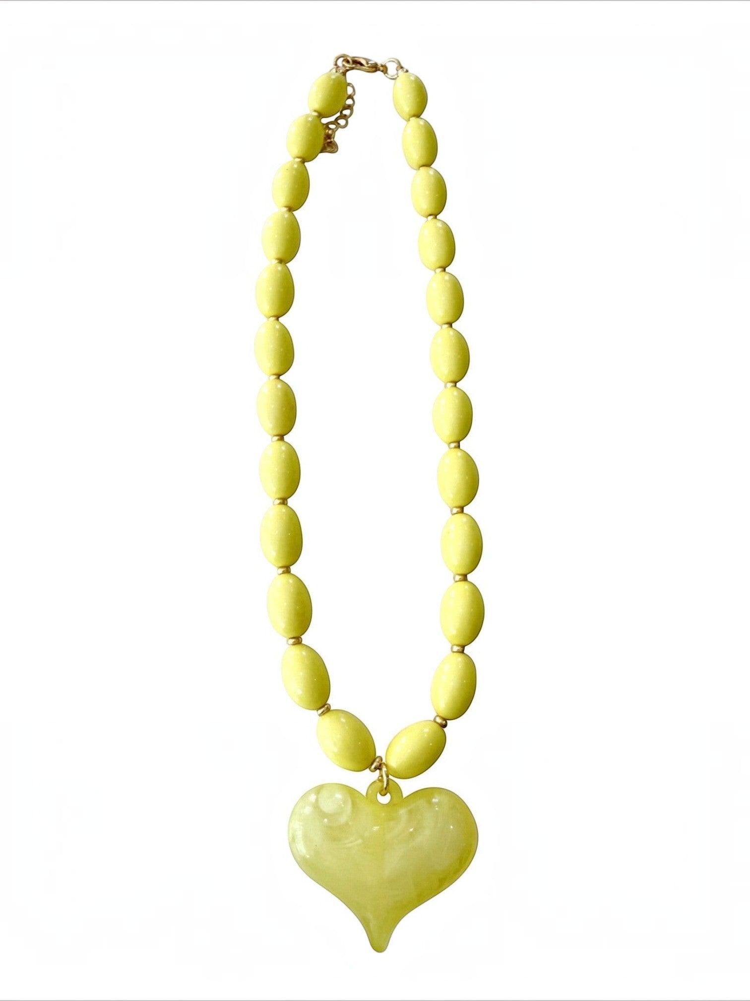 Mialur lime green beaded necklace featuring a glossy heart-shaped pendant and gold-tone clasp hardware.