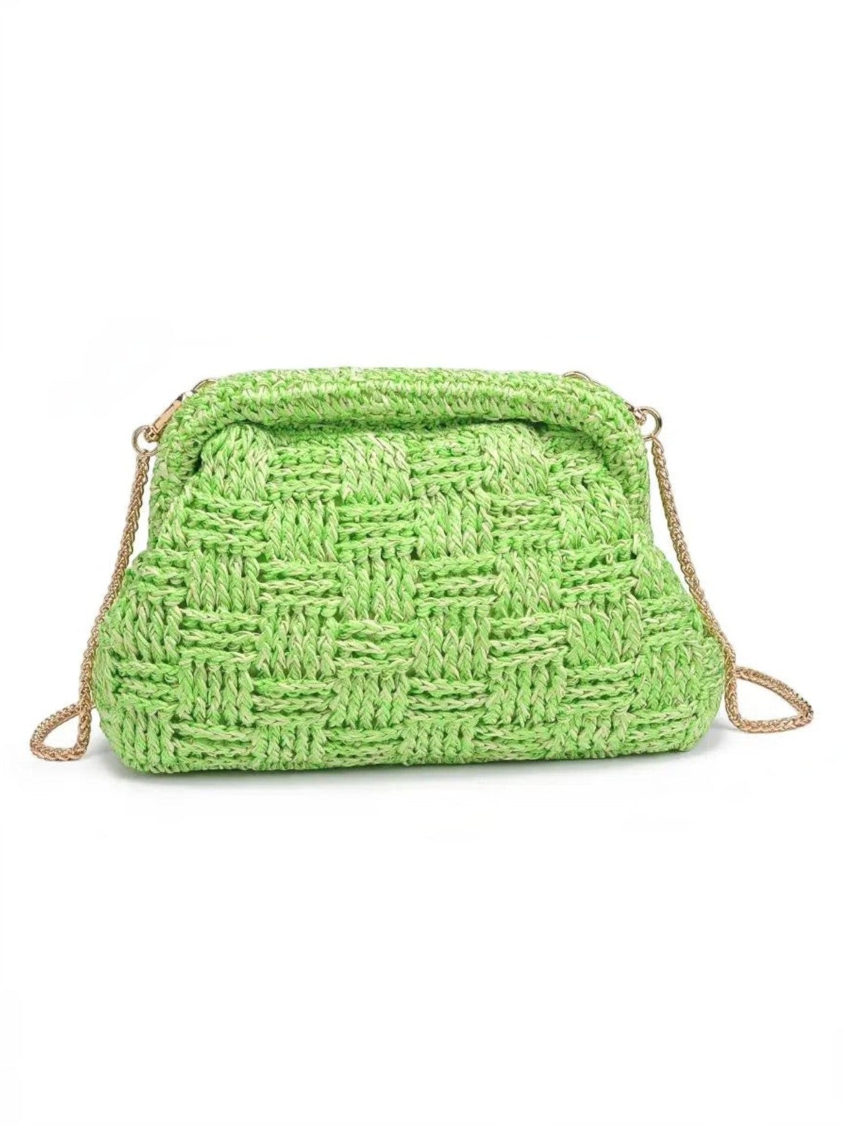 Mialur lime green woven clutch with gold-tone chain strap and textured finish against a white background.
