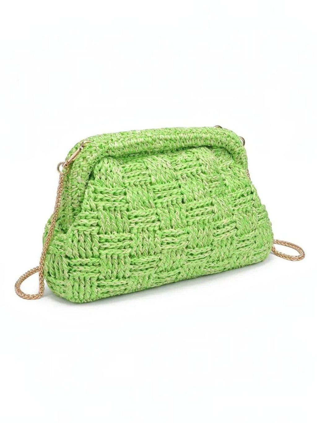 Mialur lime green woven clutch with gold-tone hardware and a detachable chain strap on a white background.