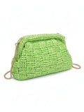 Mialur lime green woven clutch with gold-tone hardware and a detachable chain strap on a white background.