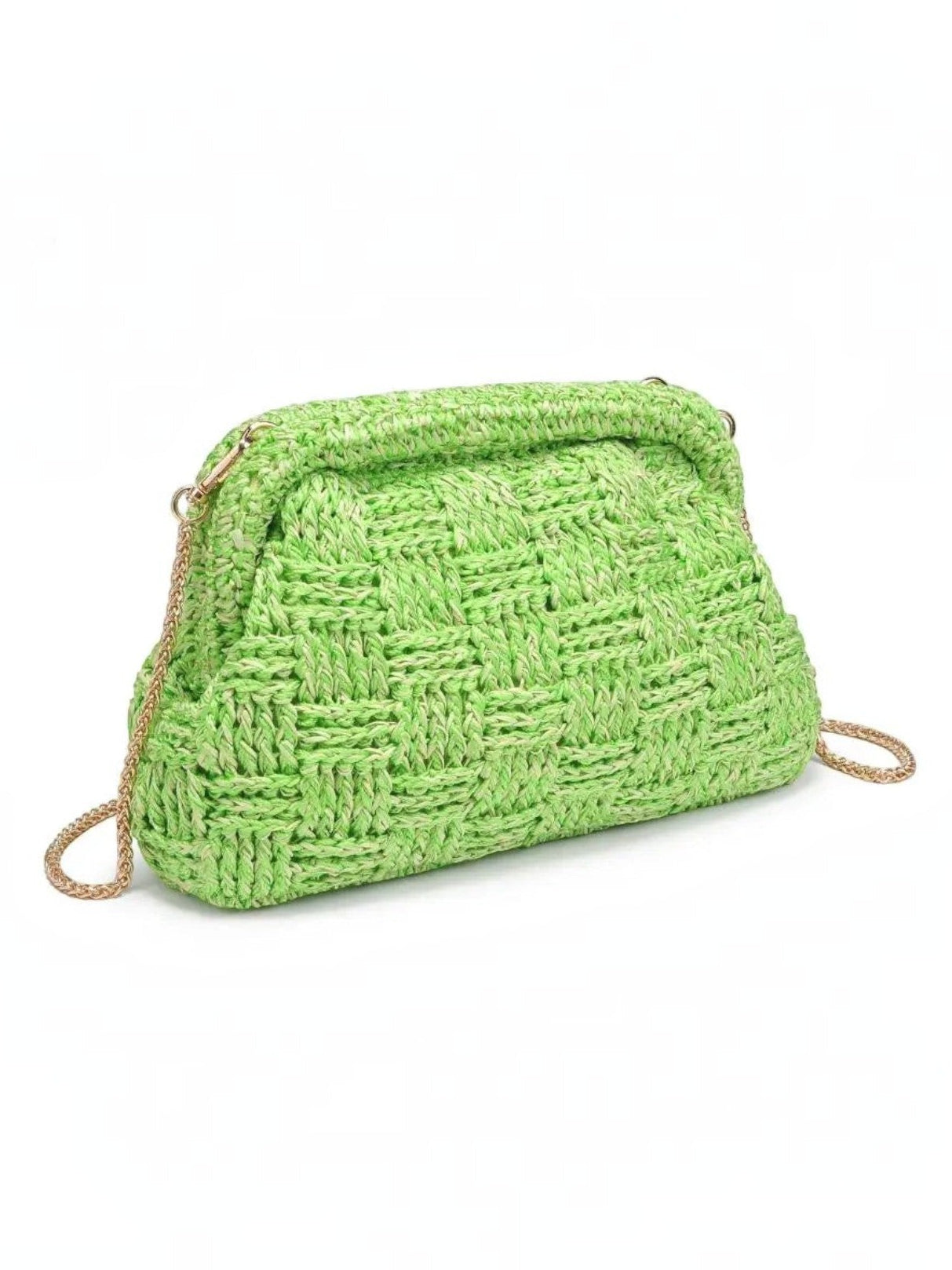 Mialur lime green woven clutch with gold-tone hardware and a detachable chain strap on a white background.