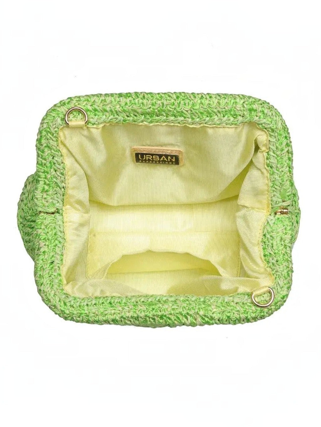 Mialur lime green woven clutch bag with an open top, showing the interior lining and gold-tone hardware attachments.
