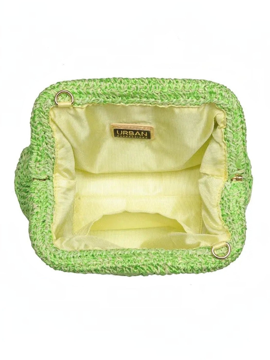 Mialur lime green woven clutch bag with an open top, showing the interior lining and gold-tone hardware attachments.