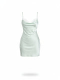 Mialur mint green satin mini slip dress with delicate lace trim neckline and thin adjustable straps
