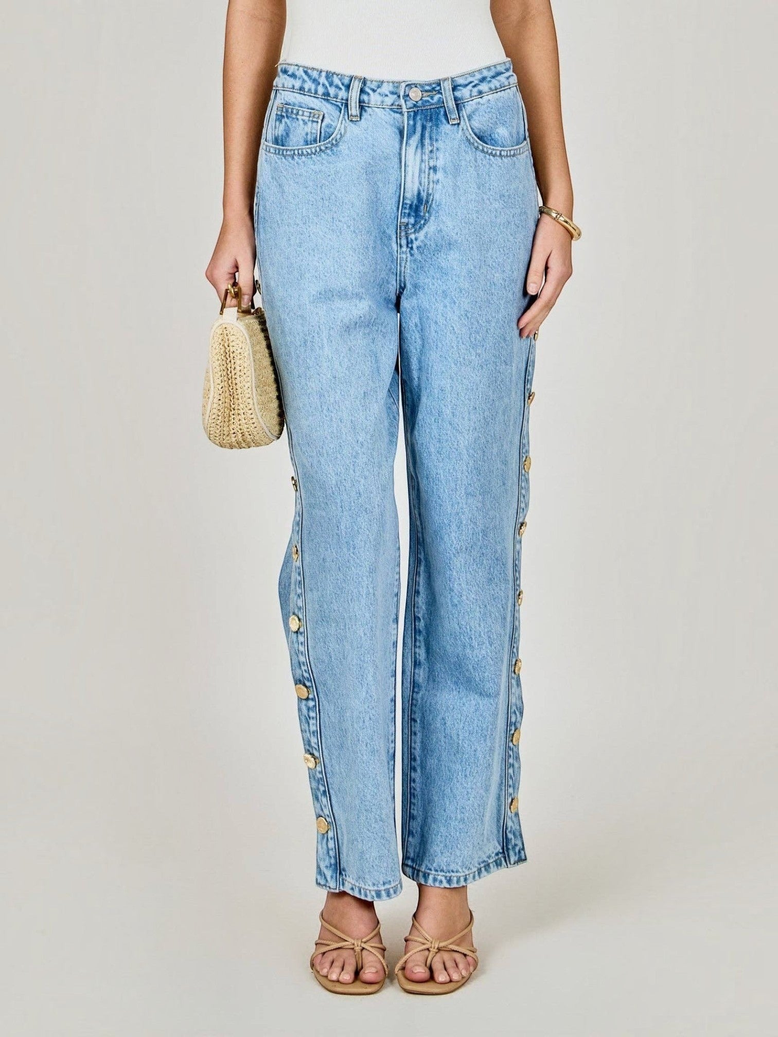 Mialur Monroe Button Jeans in light-wash blue denim with a relaxed straight-leg fit and statement side button details.
