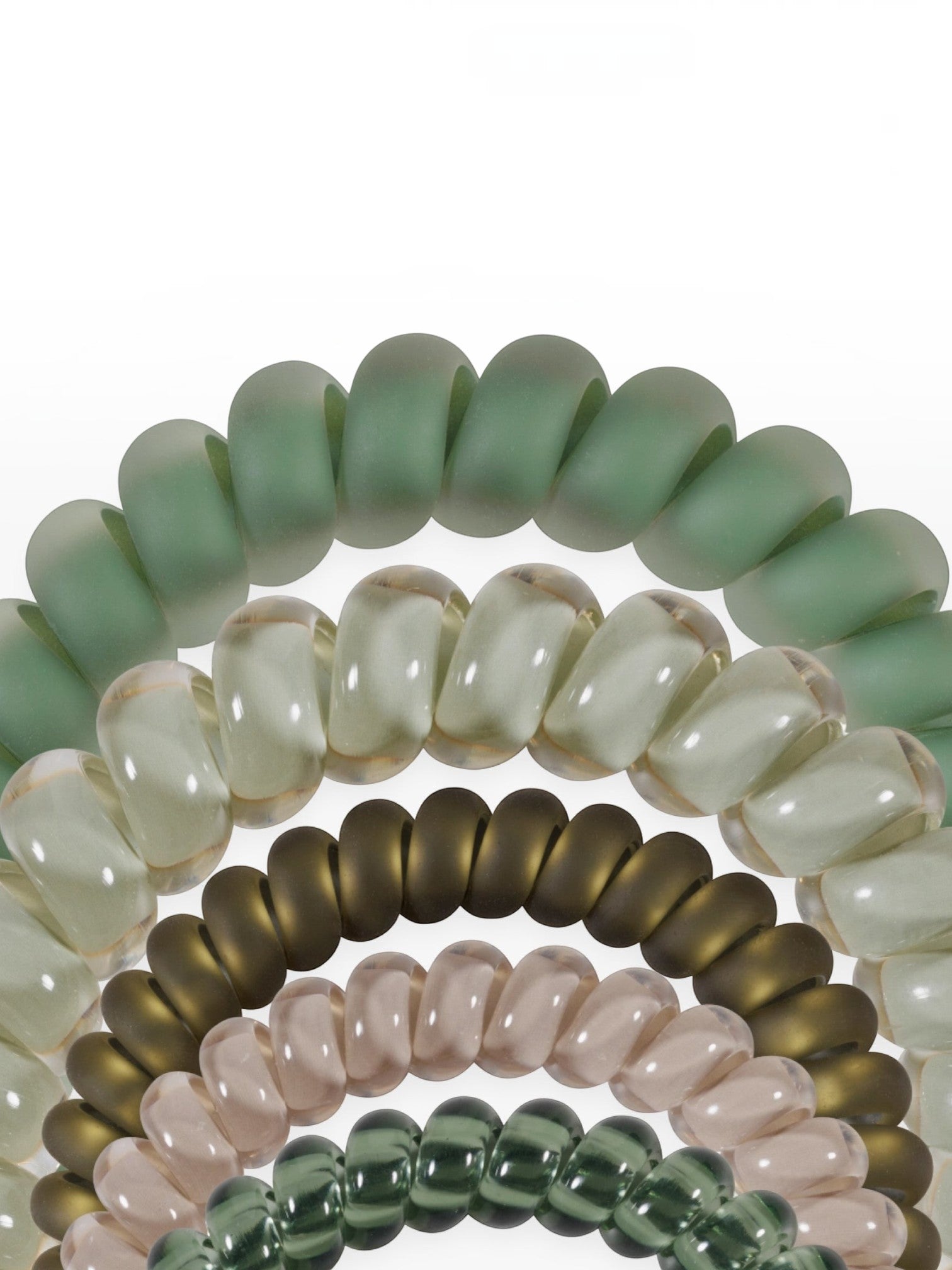Mialur Mossy Moments spiral coil hair ties in olive and sage green shades, five-pack set for all hair types.