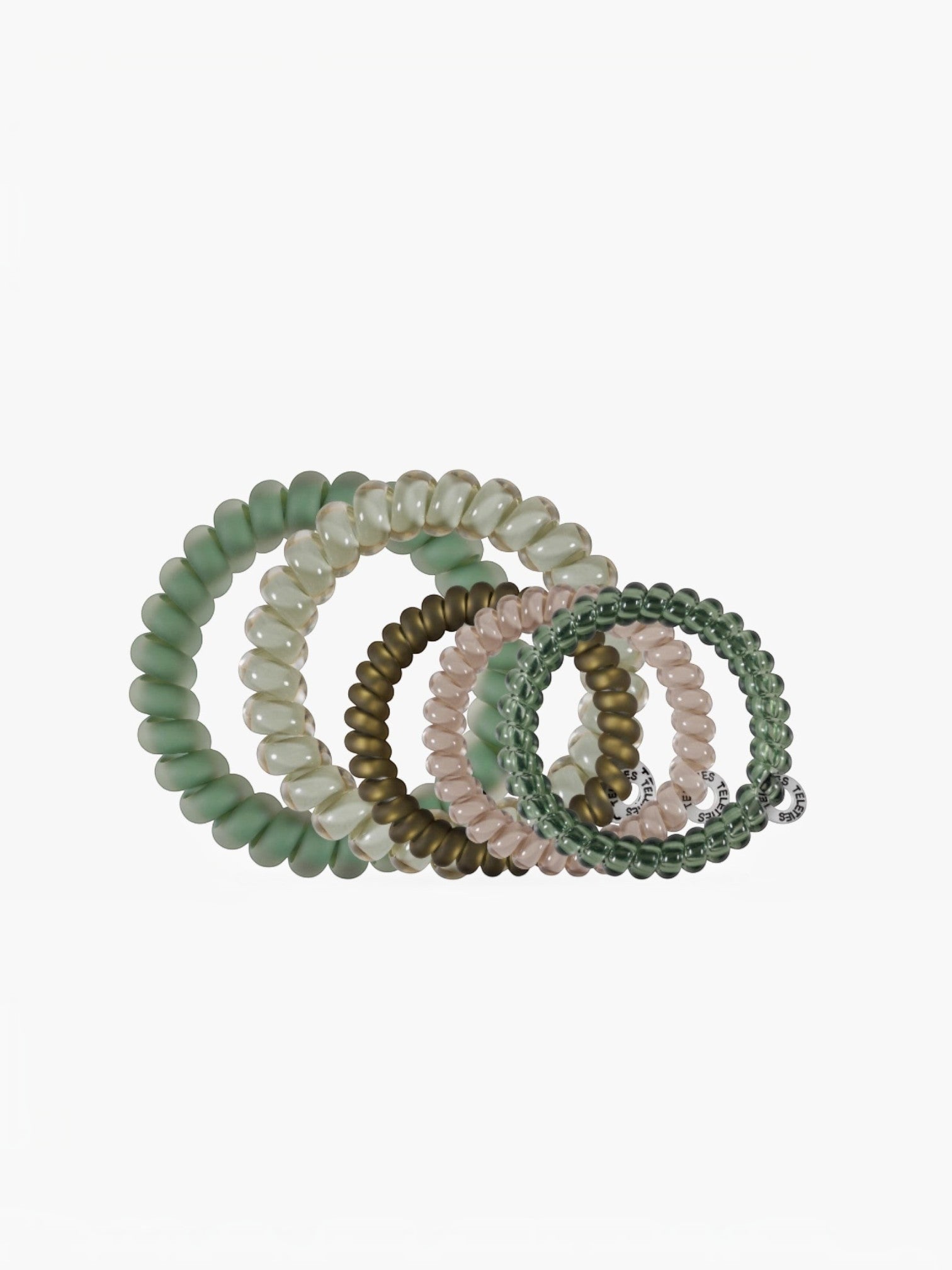 Mialur Mossy Moments spiral coil hair ties in olive and sage green shades, featuring three small and two large sizes.