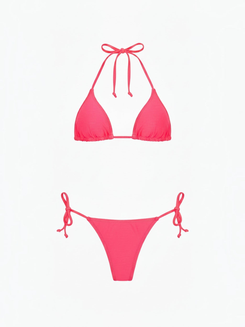 Mialur Malibu neon pink triangle bikini set with adjustable halter top and tie-side bottoms for a vibrant summer look.