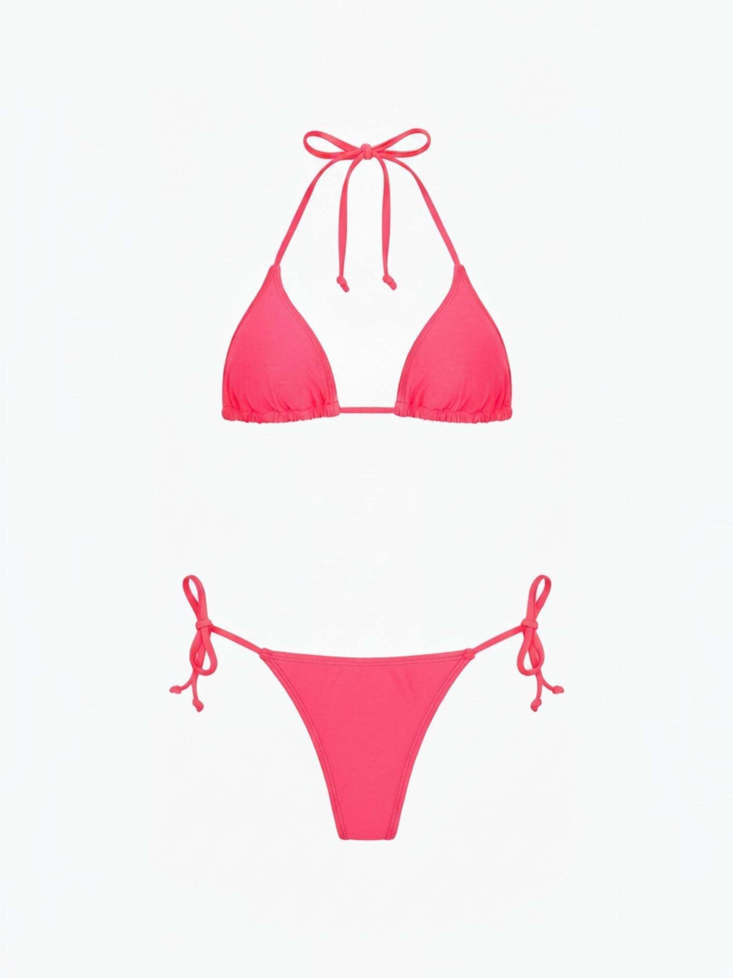 Mialur Malibu neon pink triangle bikini set with adjustable halter top and tie-side bottoms for a vibrant summer look.