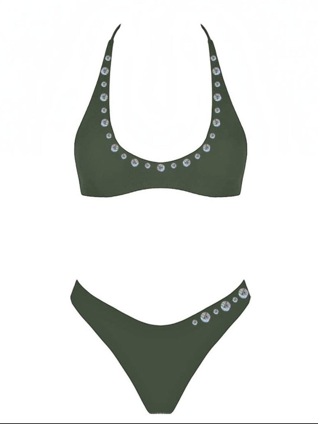 Mialur olive green scoop-neck bikini set with decorative shell-inspired button accents on the top and bottoms.