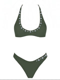Mialur olive green scoop-neck bikini set with decorative shell-inspired button accents on the top and bottoms.