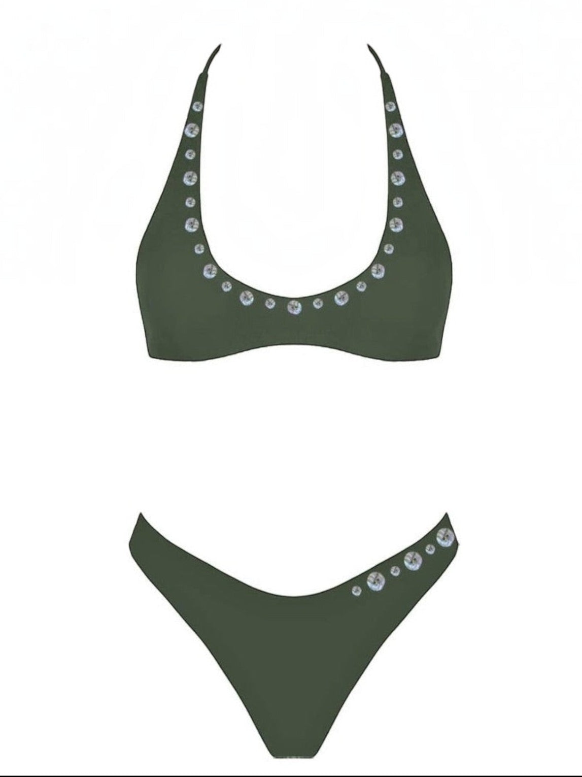 Mialur olive green scoop-neck bikini set with decorative shell-inspired button accents on the top and bottoms.