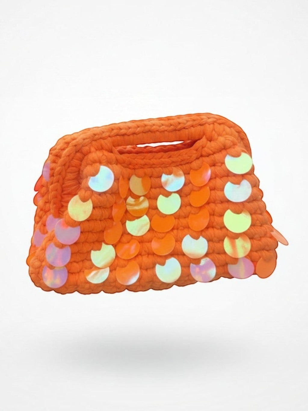 Mialur vibrant orange woven knit clutch bag featuring colorful iridescent sequin embellishments for a playful summer look.