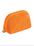 Mialur vibrant orange cosmetic pouch with a textured seashell pattern and a decorative gold shell zipper charm.