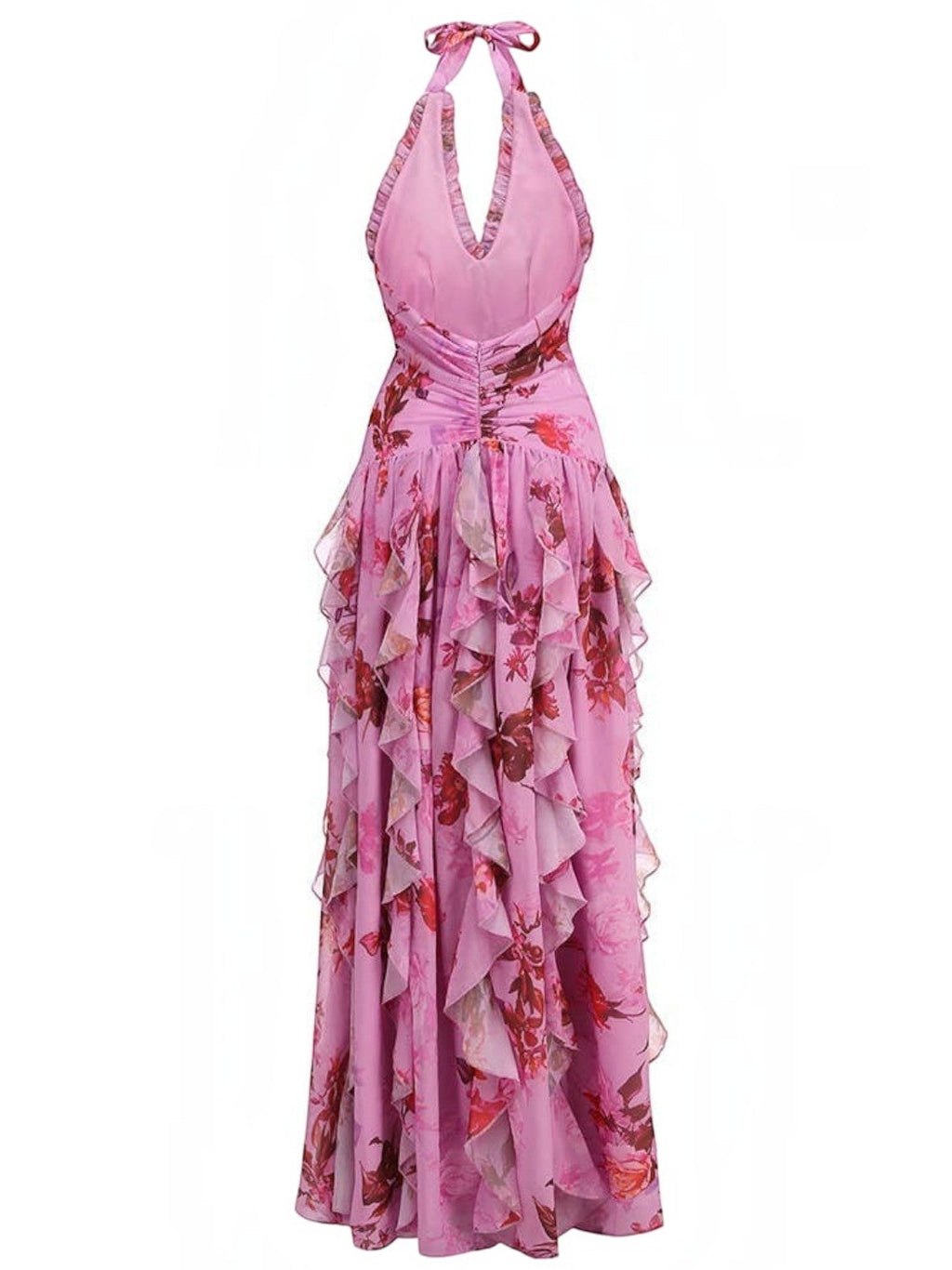 Mialur pink floral maxi dress with halter neckline and cascading tiered ruffles, back view on white background.