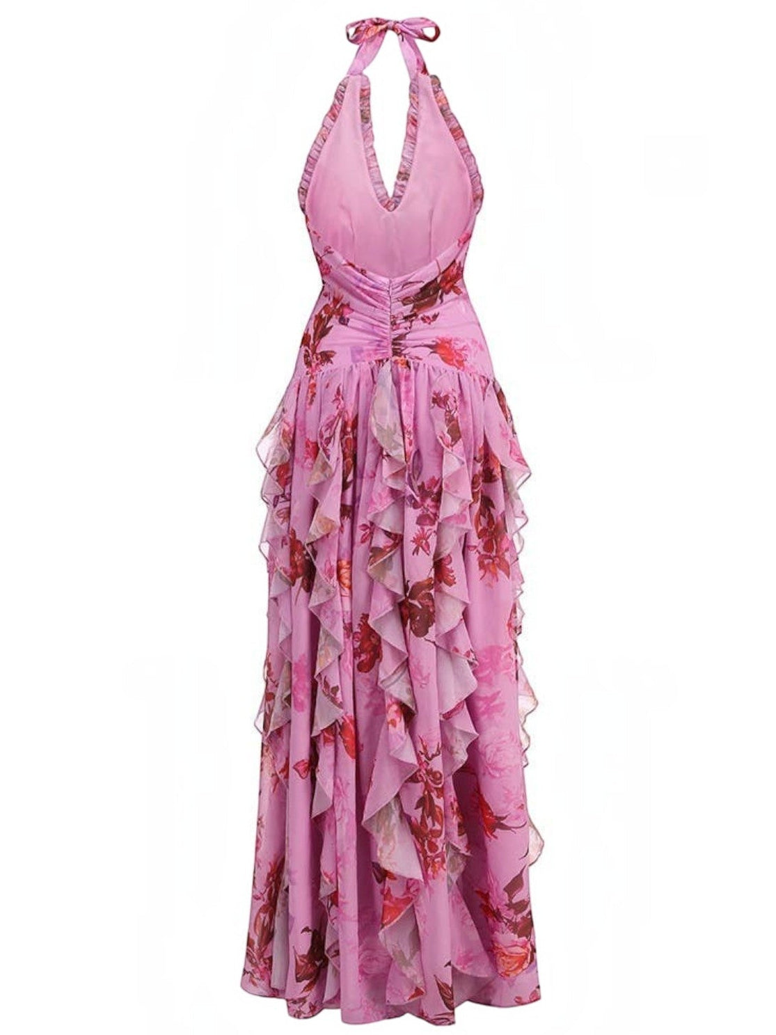 Mialur pink floral maxi dress with halter neckline and cascading tiered ruffles, back view on white background.