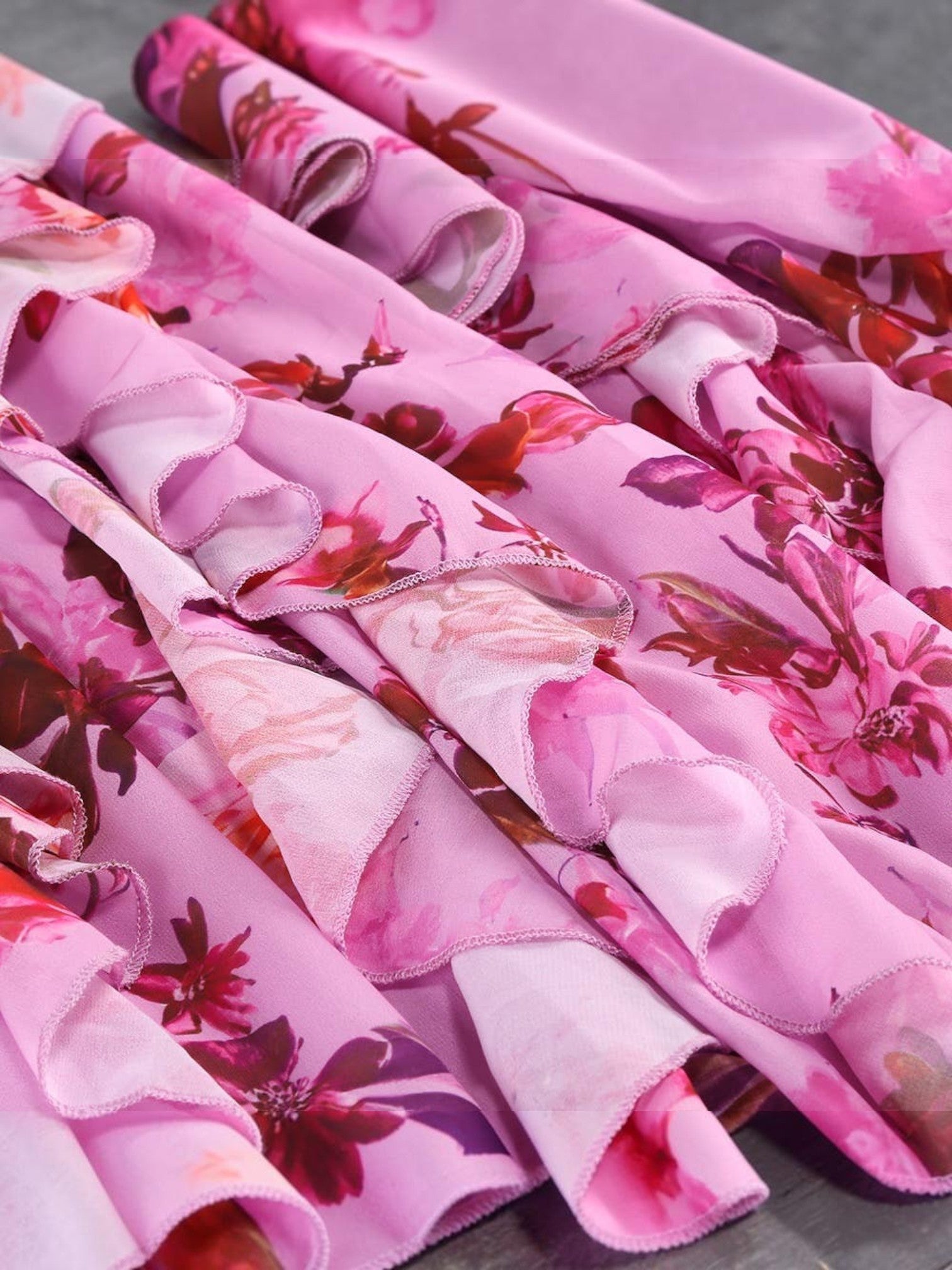 Mialur pink floral maxi dress featuring cascading tiered ruffles and lightweight fabric with a romantic print.