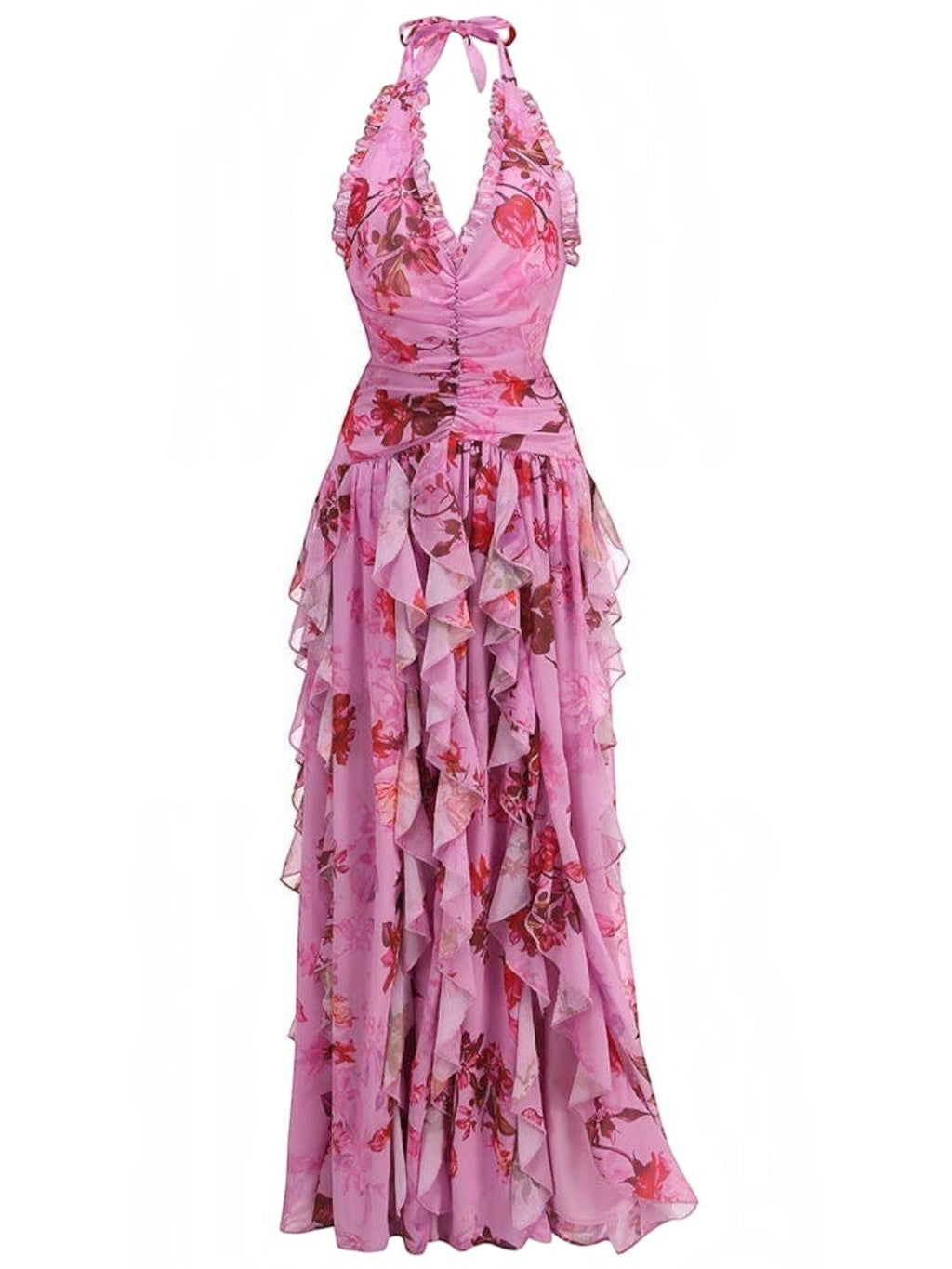 Mialur pink floral maxi dress with a halter neckline, fitted bodice, and cascading tiered ruffle skirt details.