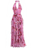 Mialur pink floral maxi dress with a halter neckline, fitted bodice, and cascading tiered ruffle skirt details.