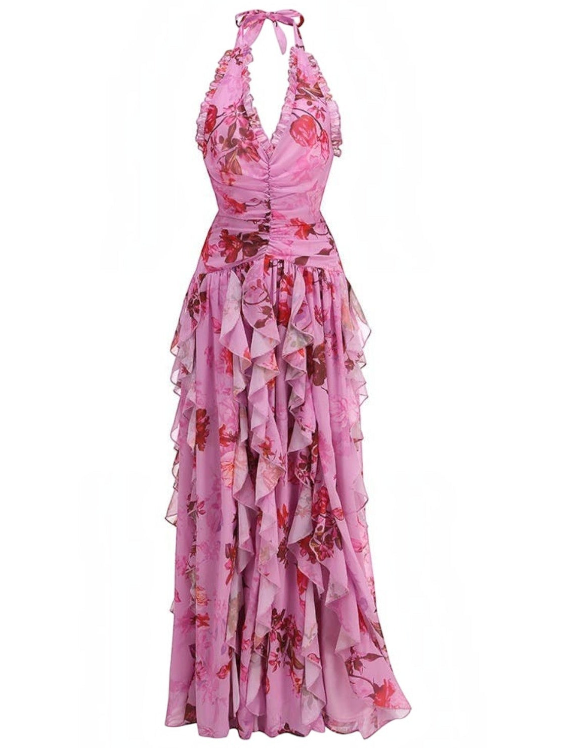 Mialur pink floral maxi dress with a halter neckline, fitted bodice, and cascading tiered ruffle skirt details.