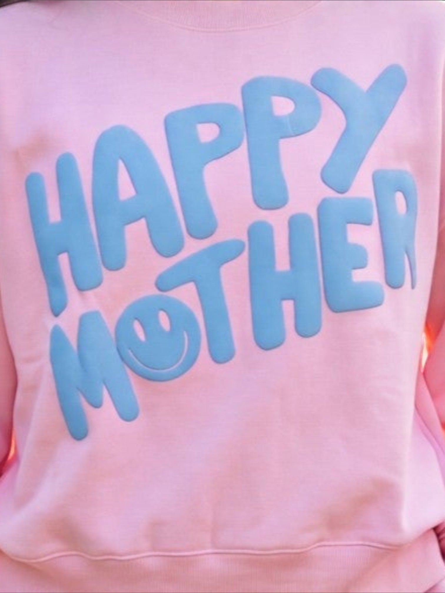 Mialur pink Happy Mom Mock Top sweatshirt with blue puffy HAPPY MOTHER text and a smiley face graphic.