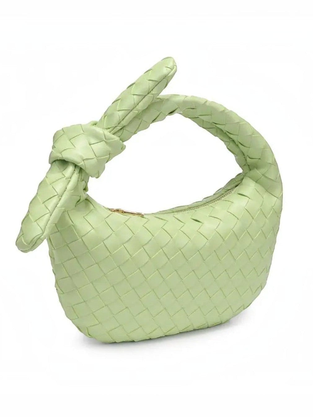 Mialur pistachio green vegan leather clutch with a woven texture and a signature knotted handle in a rounded shape.