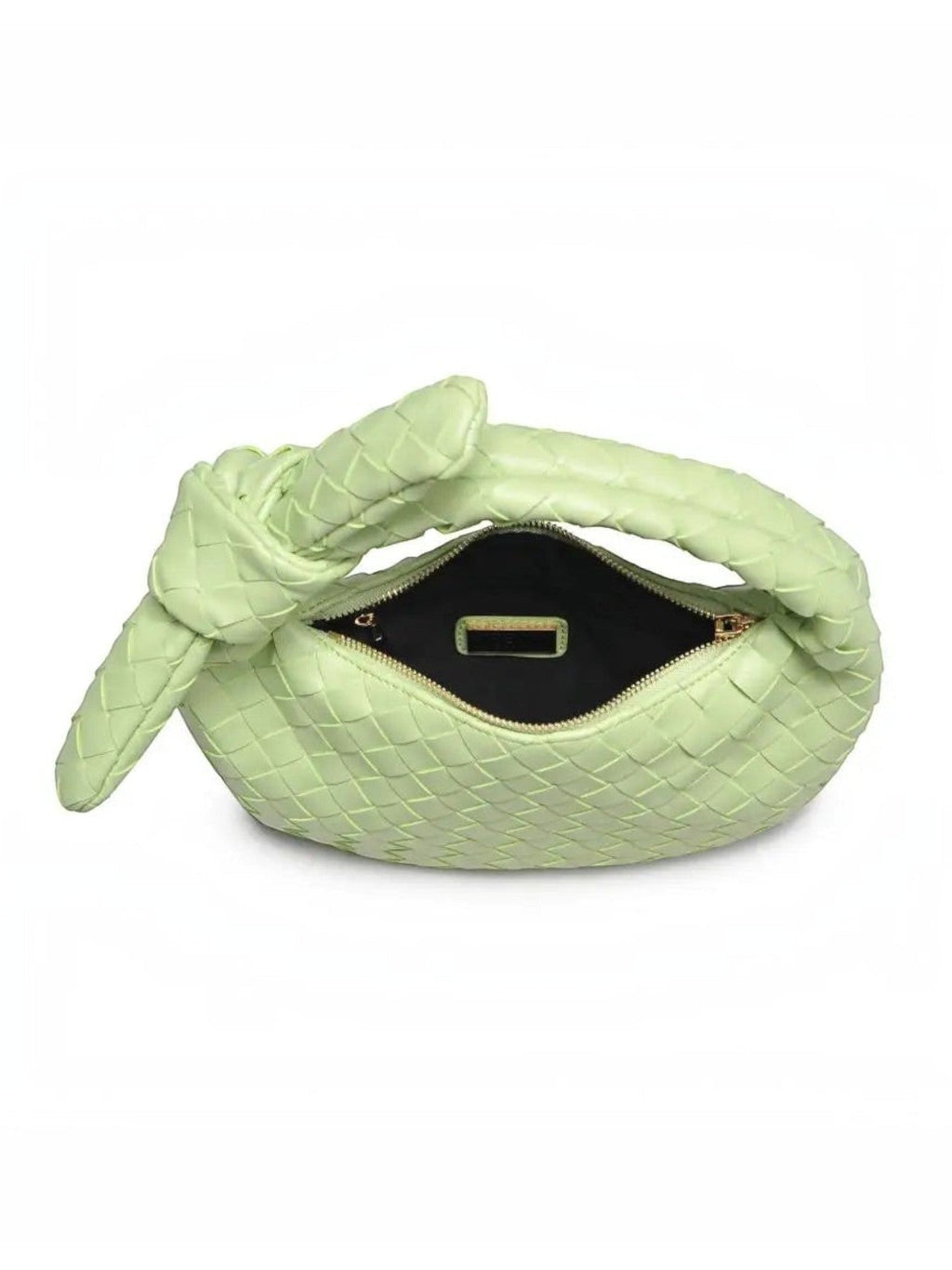 Mialur pistachio green vegan leather clutch with a woven texture and signature knot handle, top view.