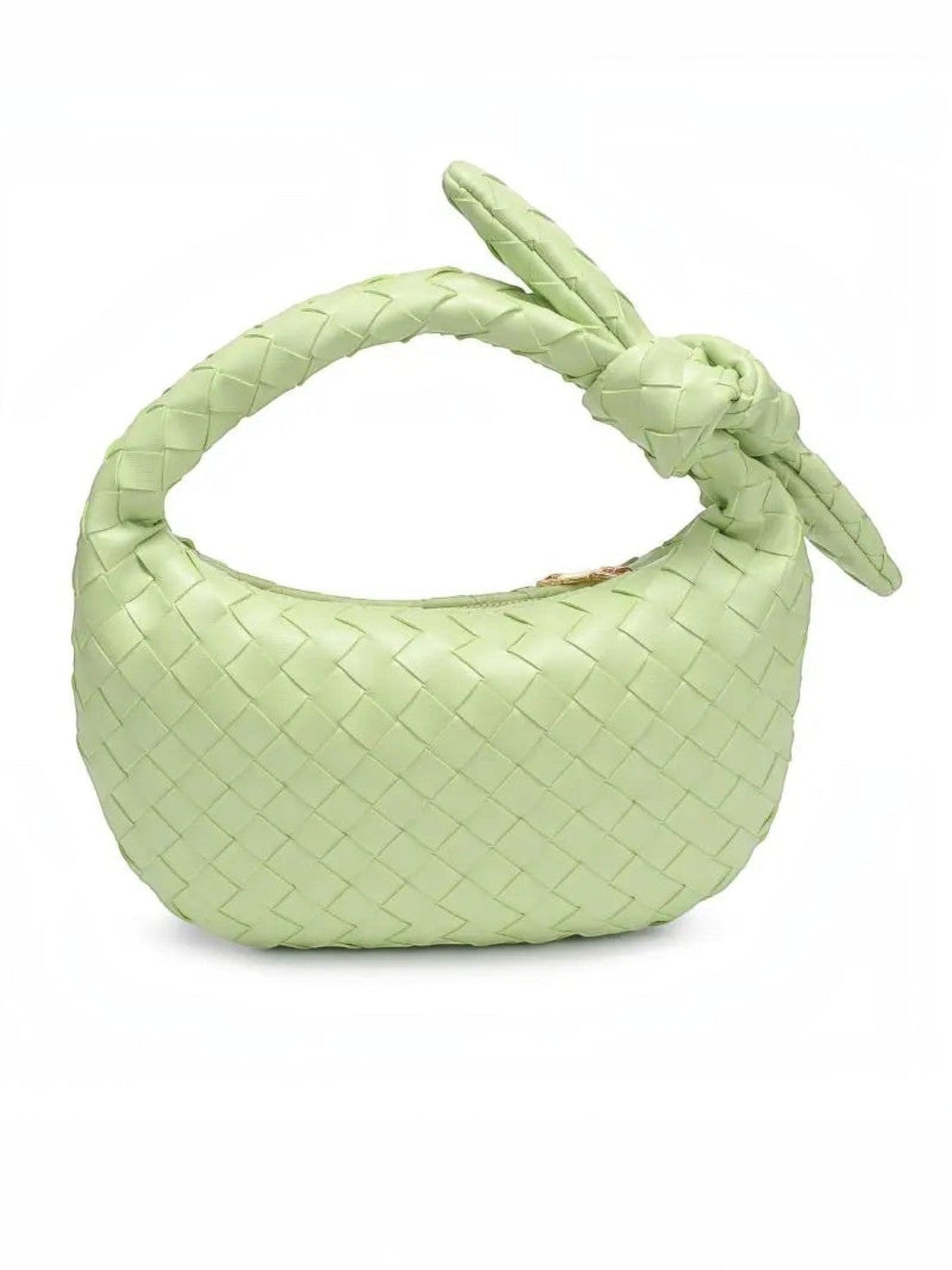 Mialur pistachio green vegan leather clutch with a woven texture and a signature knotted handle in a rounded silhouette.