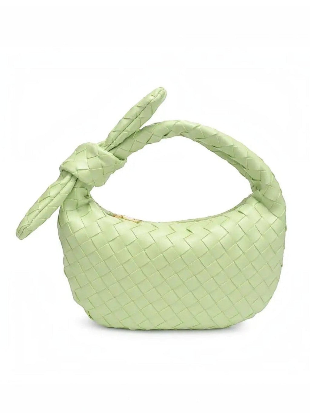 Mialur pistachio green vegan leather clutch with a woven texture and signature knotted handle in a rounded silhouette.