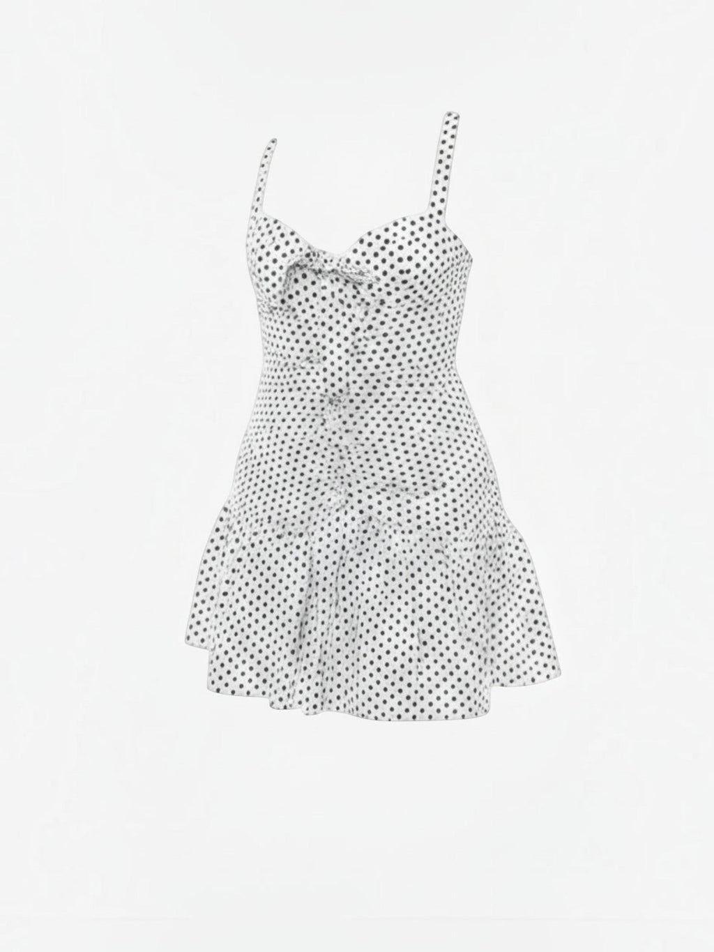 Mialur white and black polka dot mini dress with a sweetheart neckline, front bow detail, and a ruffled hem.