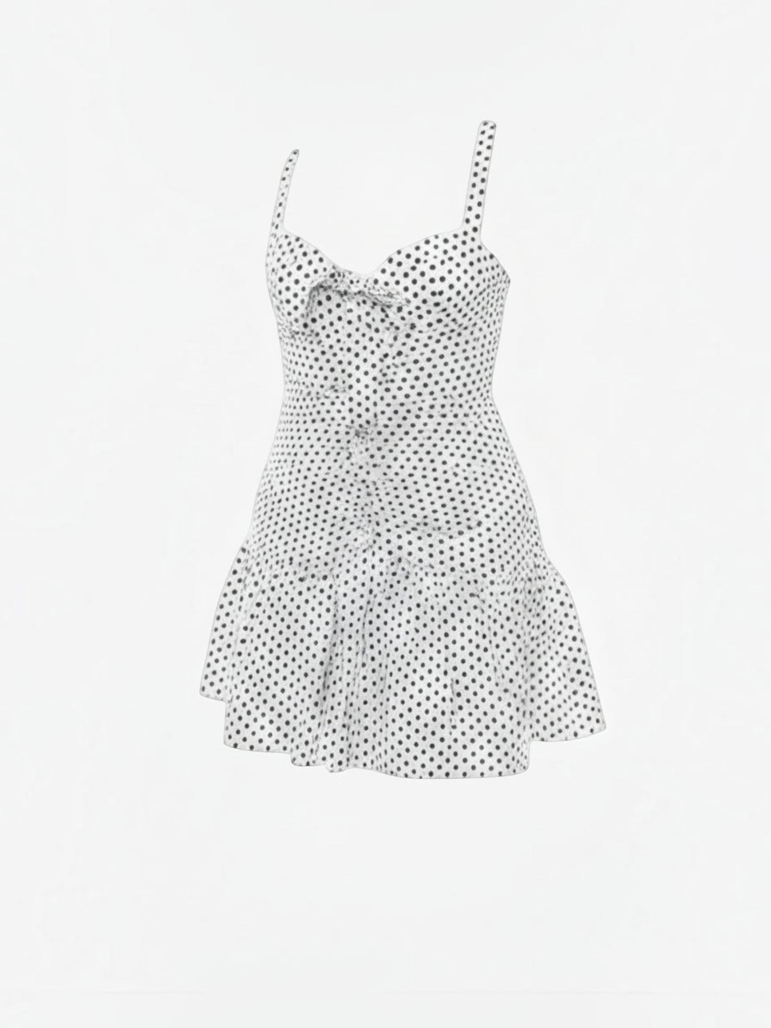 Mialur white and black polka dot mini dress with a sweetheart neckline, front bow detail, and a ruffled hem.