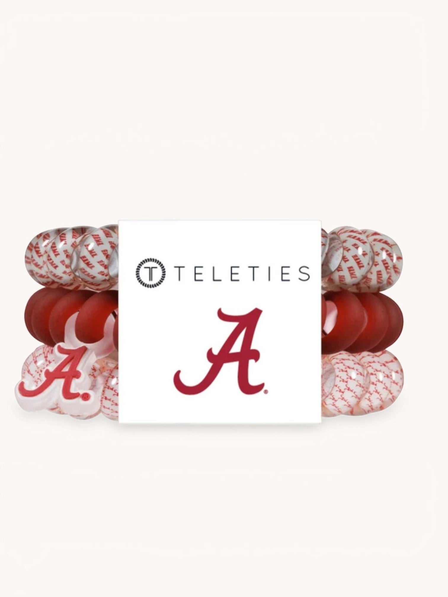 Mialur Roll Tide large hair ties in crimson and gray with University of Alabama branding and a no-rip spiral design.