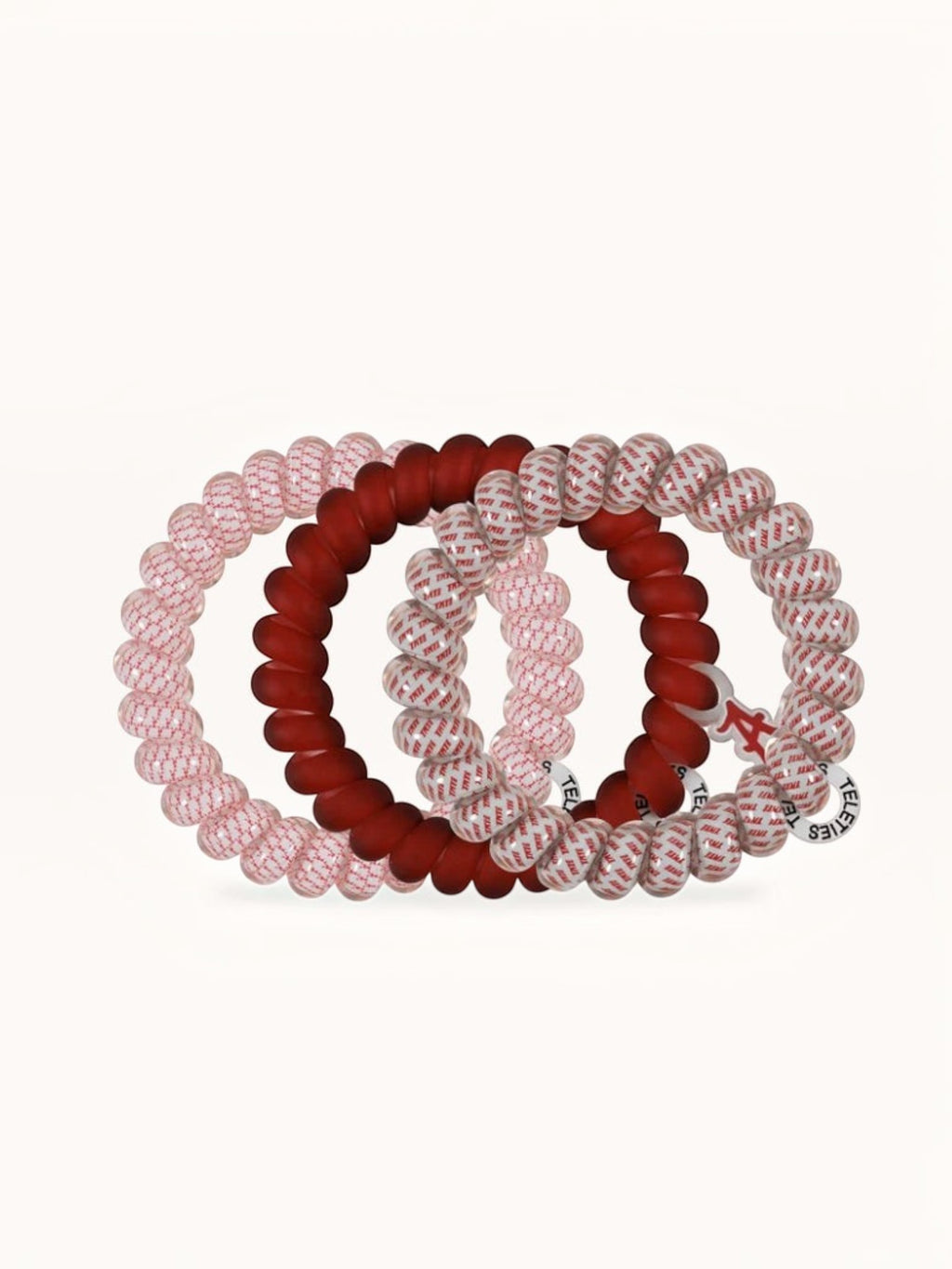 Mialur Roll Tide spiral hair ties in crimson and white patterns, designed for a strong, damage-free hold.