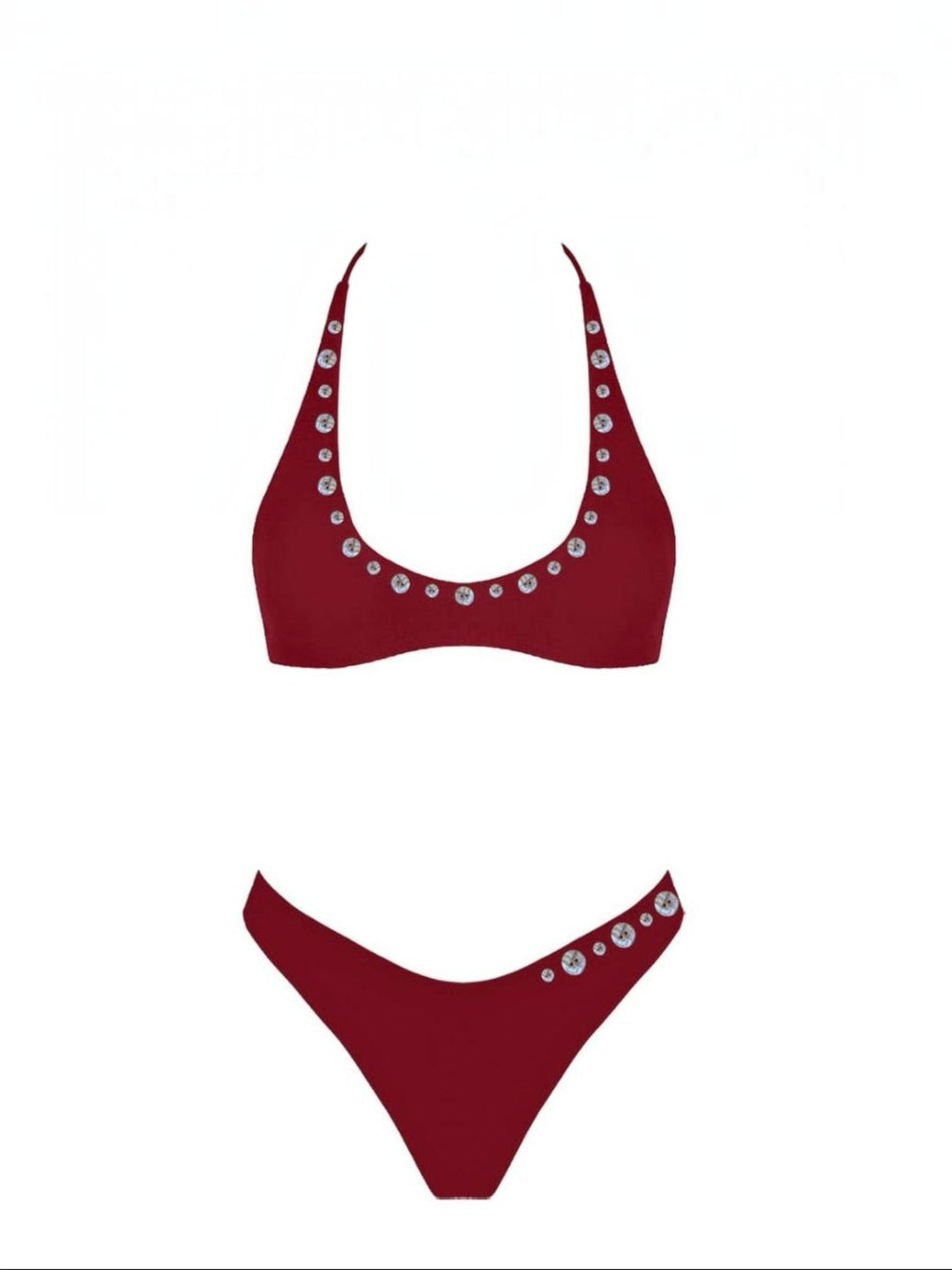 Mialur Ruby Coast bikini set in rich burgundy red with decorative shell-inspired button accents on scoop-neck top