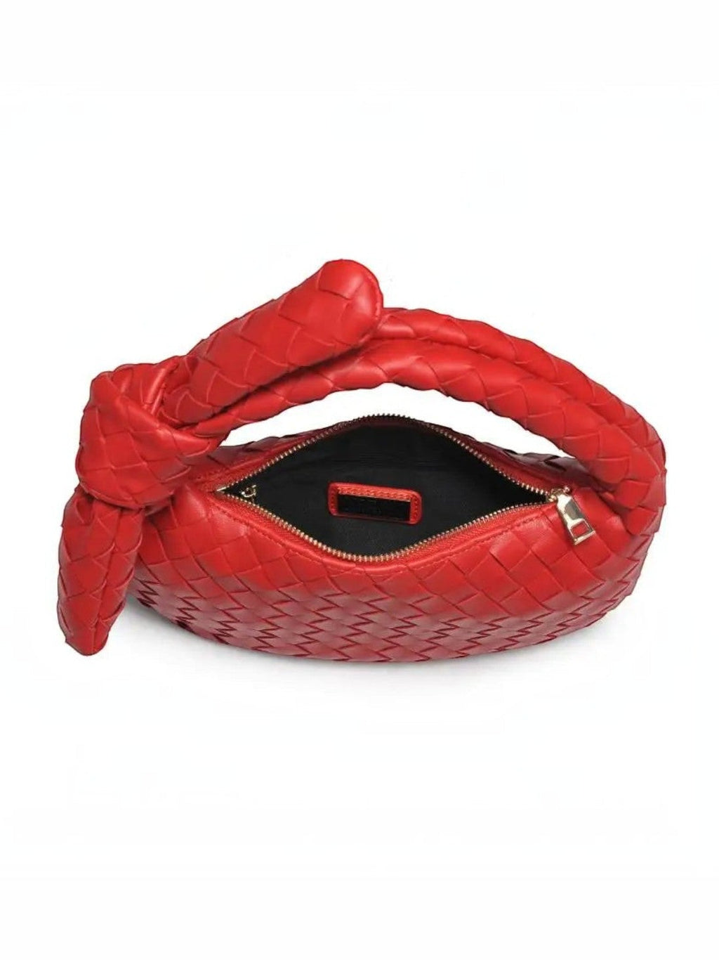 Mialur Ruby Luxe Knot Clutch in ruby red vegan leather with a woven texture and signature knotted handle top view
