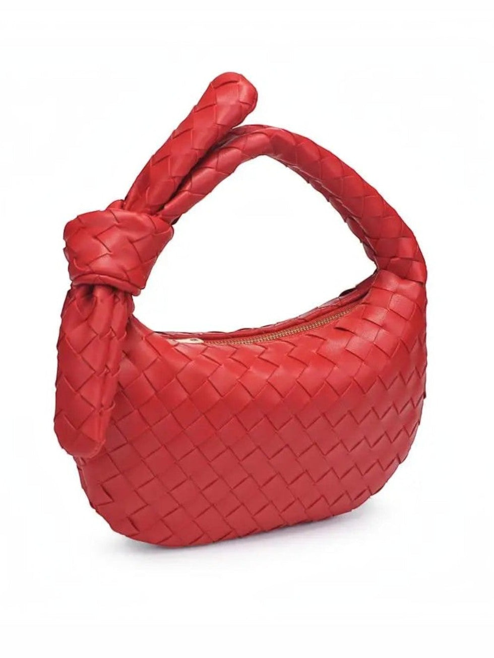 Mialur Ruby Luxe Knot Clutch in ruby red vegan leather with a woven texture and signature knotted handle.