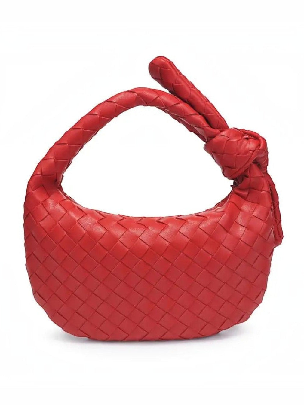 Mialur Ruby Luxe Knot Clutch in ruby red vegan leather with a woven texture and signature knot handle.
