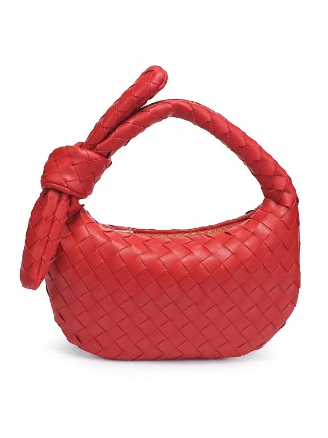 Mialur Ruby Luxe Knot Clutch in ruby red vegan leather with a woven texture and signature knotted handle.