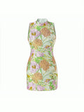 Mialur sleeveless mini dress in sage green with lavender and golden botanical floral print and a mock neckline.