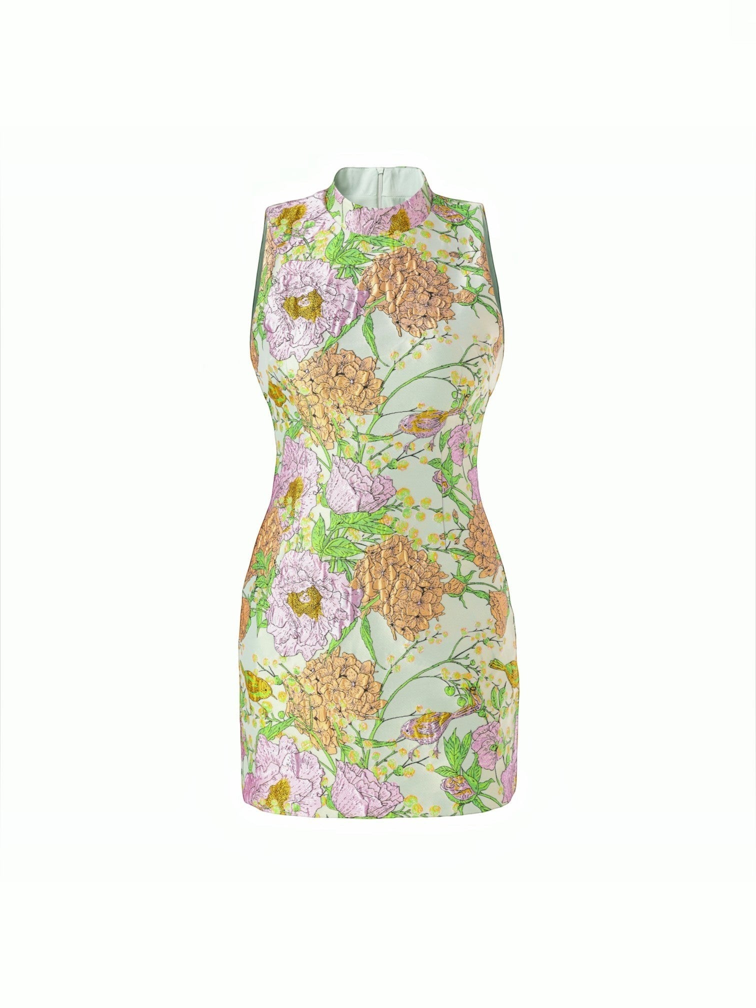 Mialur sleeveless mini dress in sage green with lavender and golden botanical floral print and a mock neckline.