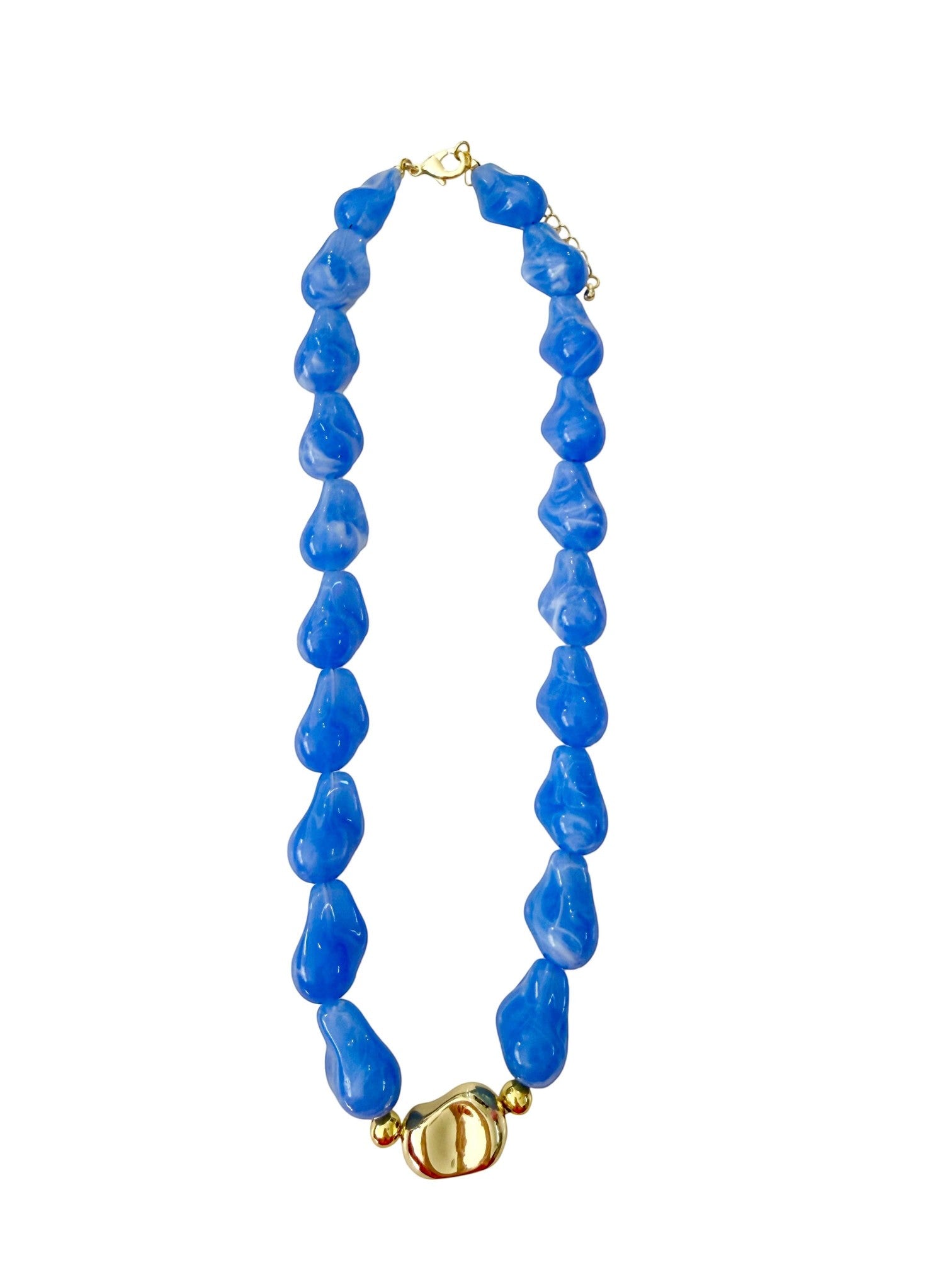 Mialur Santorini beaded necklace featuring chunky vibrant blue organic beads and a polished 18k gold-plated center stone