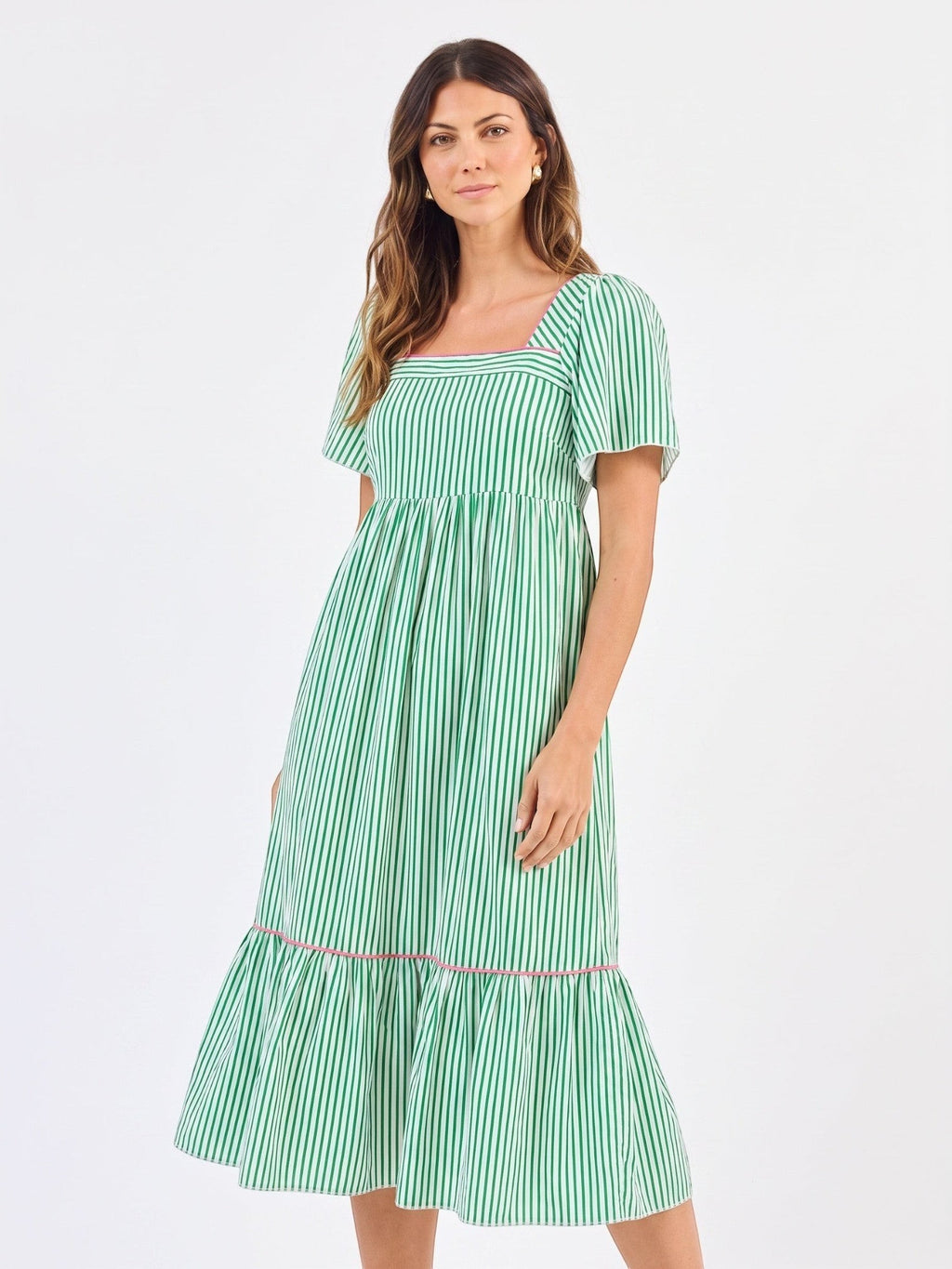Mialur Savannah midi dress in green and white vertical stripes with a square neckline and short puff sleeves
