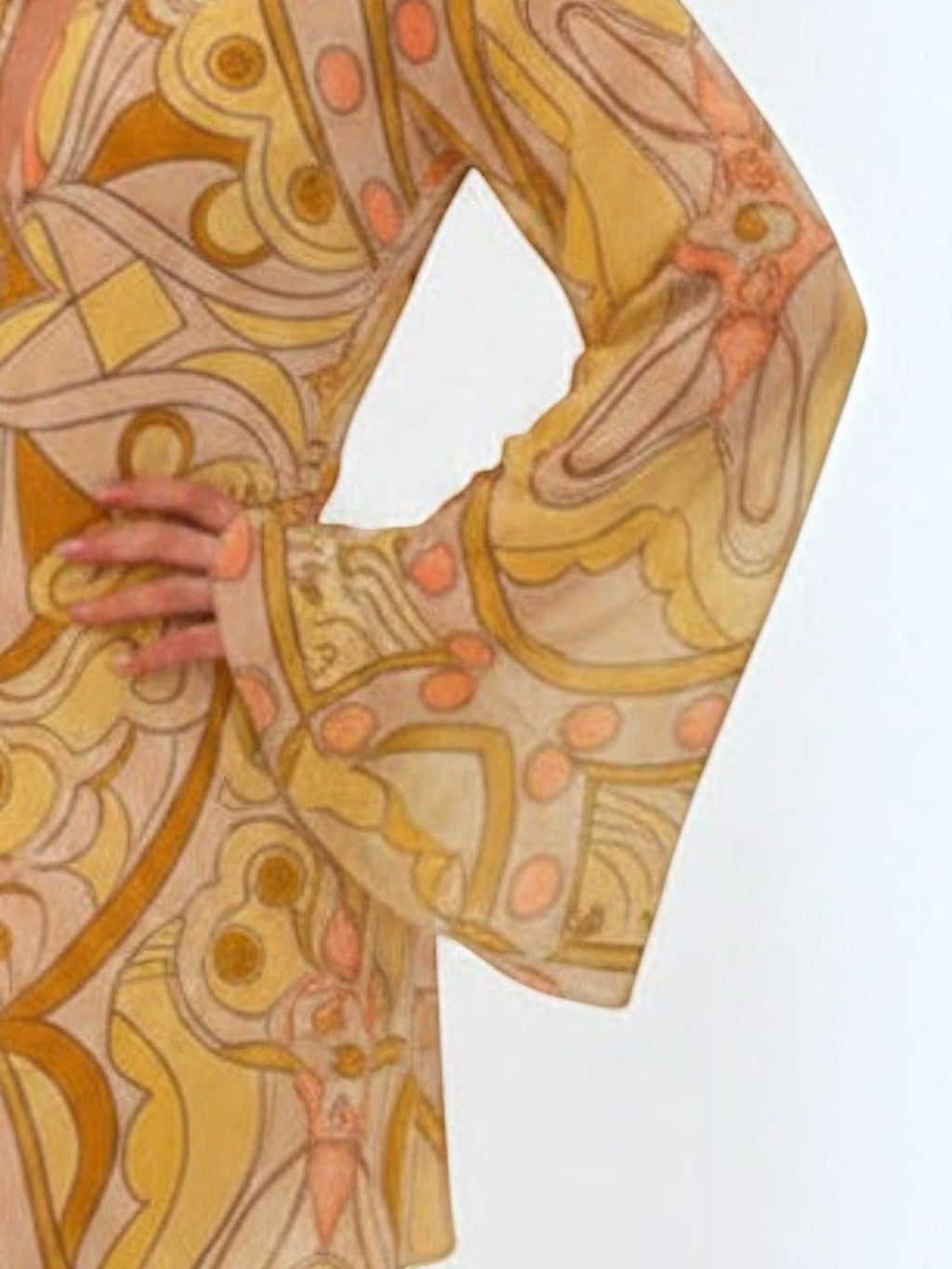 Mialur Sicily Dress featuring a vibrant Mediterranean-inspired yellow and orange print with dramatic flowy sleeves