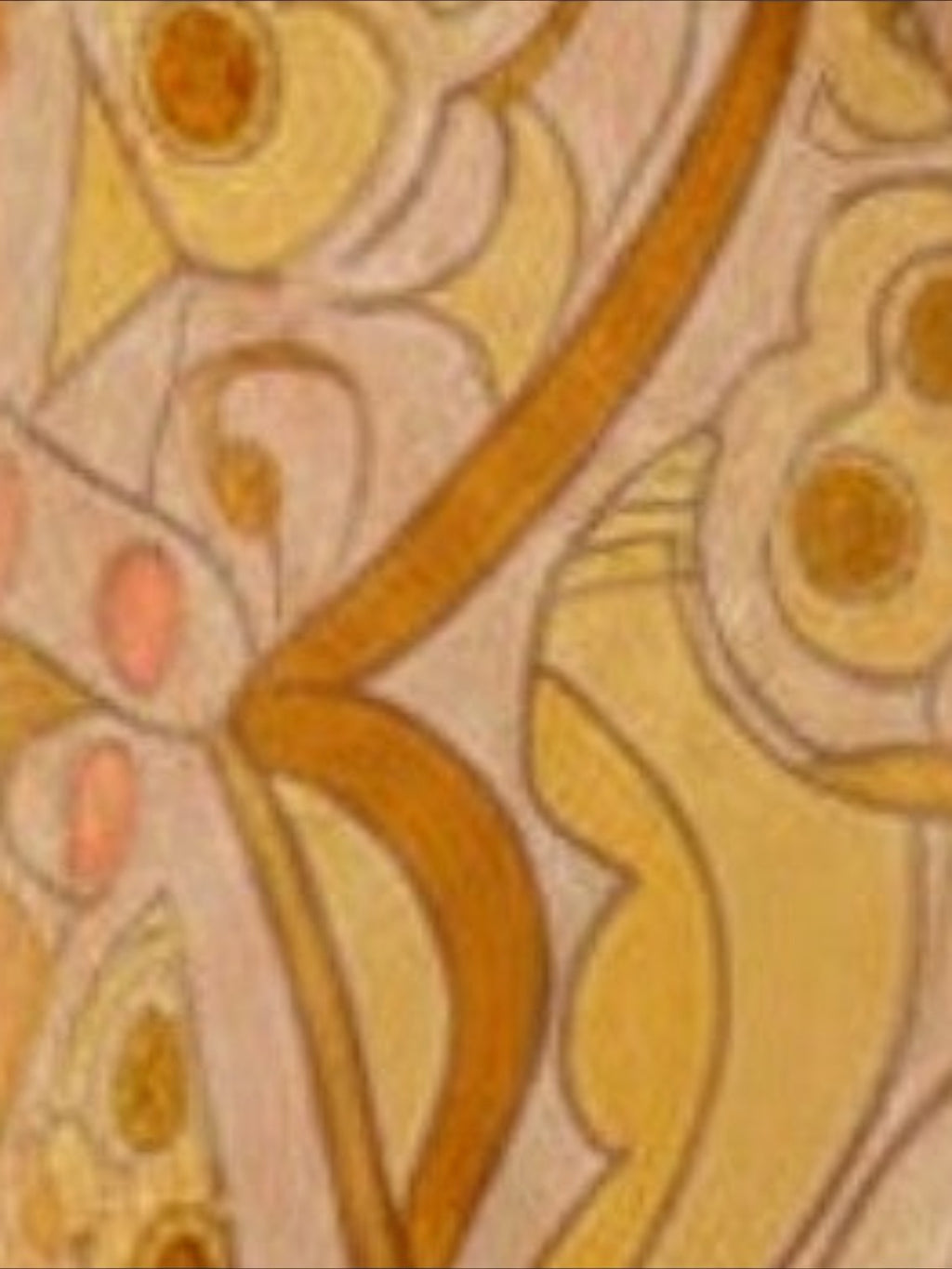 Close-up of the vibrant Mediterranean-inspired print on the Mialur Sicily Dress featuring yellow and soft pink tones.