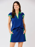 Mialur Sloane Dress in blue with green and white contrast trim, featuring short sleeves and a drawstring waist.