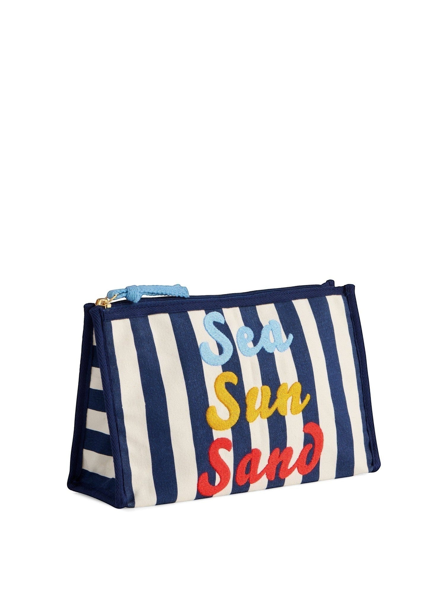Mialur navy and white striped canvas pouch with embroidered "Sea Sun Sand" text. Features a blue rope zipper pull.
