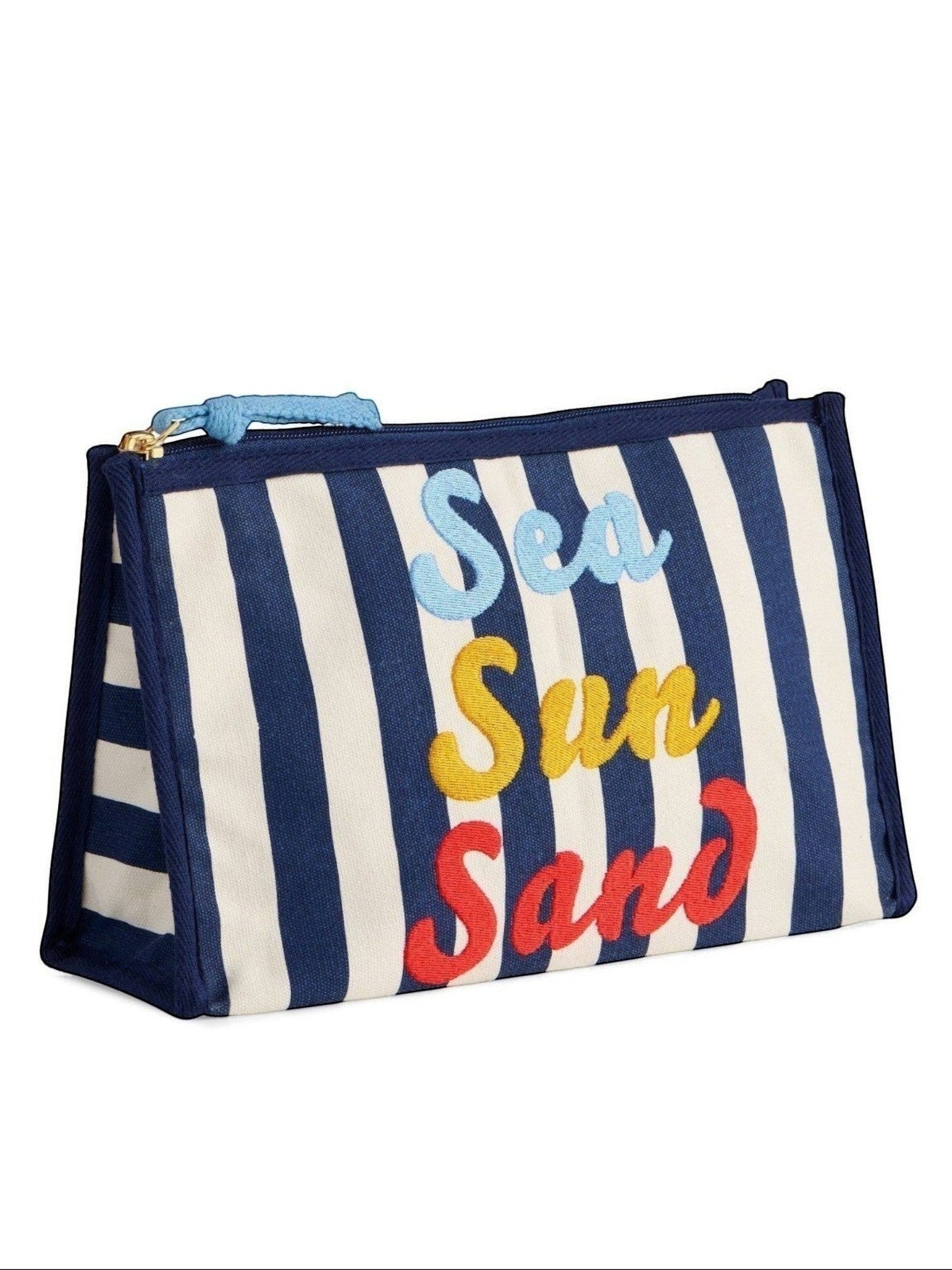 Mialur navy and white striped canvas zip pouch with colorful embroidered Sea Sun Sand lettering