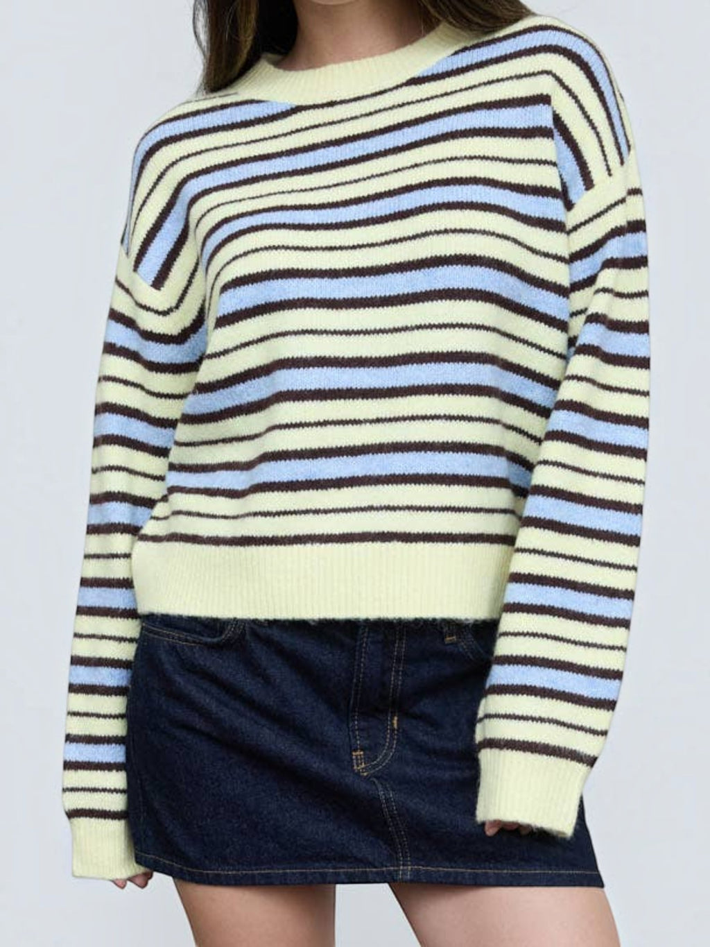 Mialur relaxed fit crew neck knit sweater featuring horizontal stripes in cream, light blue, and brown.