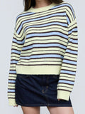 Mialur relaxed fit crew neck knit sweater featuring horizontal stripes in cream, light blue, and brown.