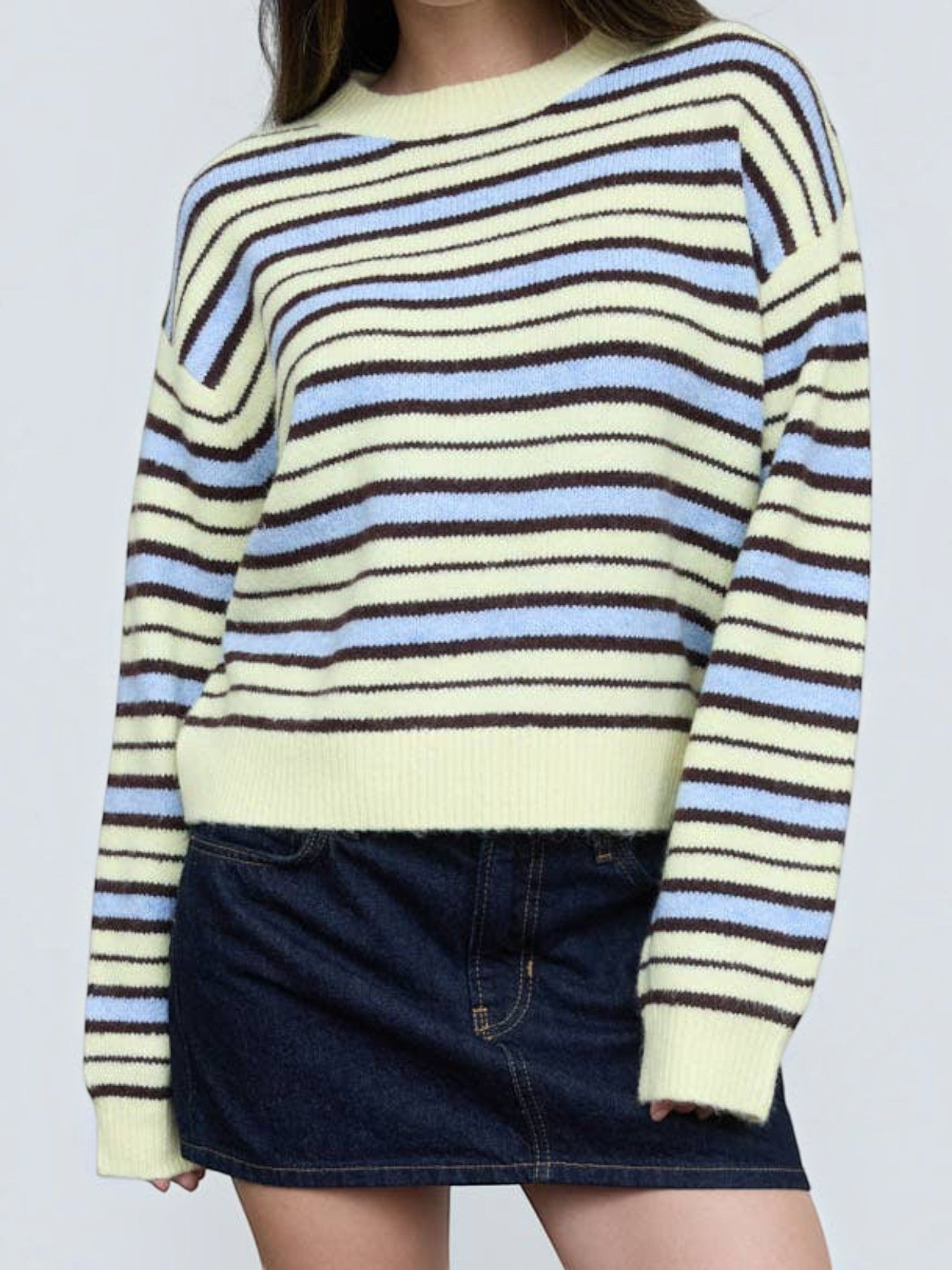 Mialur relaxed fit crew neck knit sweater featuring horizontal stripes in cream, light blue, and brown.